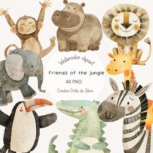 Ensemble de clipart aquarelle animaux de la jungle, png animaux mignons, baby shower, clipart pour usage personnel et commercial