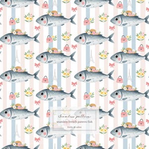 Seamless Fantasy Pattern – Fish, Straw Hat, Eiffel Tower & Small Bag – Repeating Pattern PNG JPG