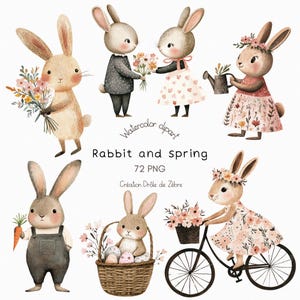 Clipart d'animaux, lapin mignons PNG, illustrant le printemps, Pâques, panier de fleurs et fleurs des champs, idéal pour un usage commercial