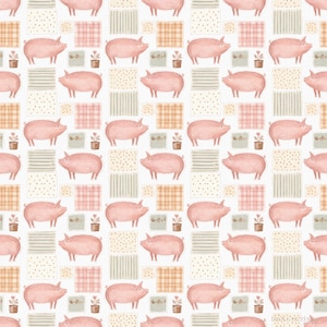 Minimalistisch boerderijvarken naadloos patroon, vintage naïeve patchwork, digitaal papier voor de kinderkamer, rustiek landelijk textielpatroon PNG