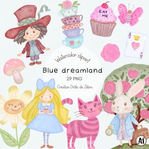 Clipart aquarelle d'Alice, clipart de fée, clipart de princesse, animaux en PNG, décor de crèche, baby shower, art mural pour bébé.