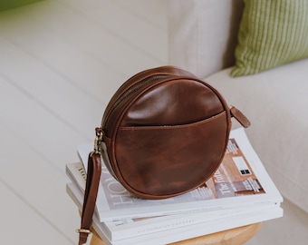 Round Leather Bag, Leather Circle Round Purse Bag, Distressed Brown