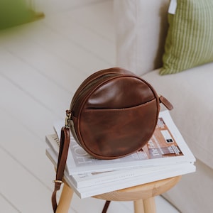 Round Leather Bag, Leather Circle Round Purse Bag, Distressed Brown