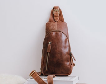Genuine Leather Sling Bag, Handmade Brown Leather Crossbody Casual Daypack, Sling Backpack, Leather Fanny Pack
