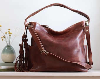 Leather Hobo Bag, Handbag with Tassles, Leather Tote, Brown Leather Purse