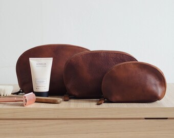 Leather Cosmetic Bag, Leather Pouch Set, Leather Toiletry bag, Tan