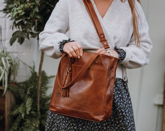 Leather Tote Bag with Large Outside Pocket, Brown Leather Purse for Women, Purse with Tassel, Soft Leather Handbag