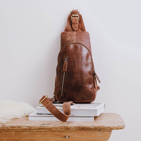 Genuine Leather Sling Bag, Handmade Brown Leather Crossbody Casual Daypack, Sling Backpack, Leather Fanny Pack