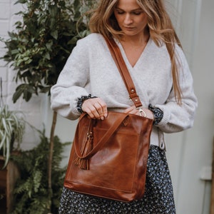 Leather Purse, Tan Leather Tote Bag, Leather bag with pocket, Tan image 1