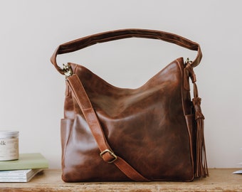 Leather Hobo Bag, Handbag with Tassles, Leather Tote, Brown Leather Purse