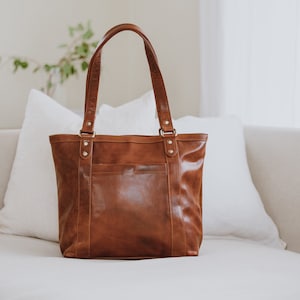 Handmade Leather Tote Bag For Women, Tan Leather Handbag, Everyday Tote image 1