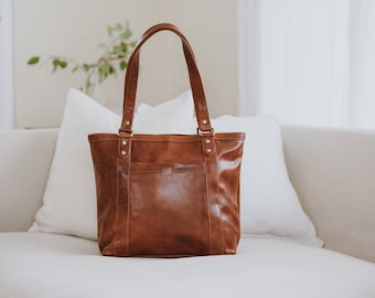 Handmade Leather Tote Bag For Women, Tan Leather Handbag, Everyday Tote