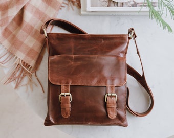 Genuine Leather Brown Crossbody Shoulder Bag With Front Pocket