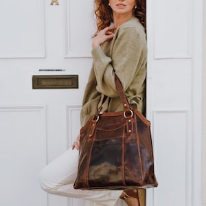Large Brown Leather Handbag Tote, Leather Shoulder Bag, Leather Bag, Leather Purse,