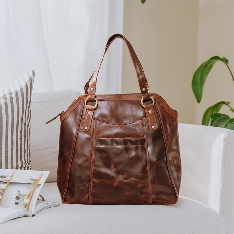 large leather brown tote with front pocket