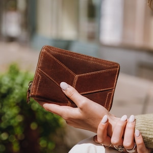 Brown Leather Wallet,  Leather Zip Around Wallet with Credit Card Slots, Womens Wallets