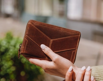 Braune Lederbrieftasche, Lederzip-Brieftasche mit Kreditkartenfächern, Damengeldbörsen