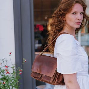 Brown Leather Crossbody Shoulder Bag with Pockets,  Organiser Handbag with Adjustable Strap, Gifts for Her