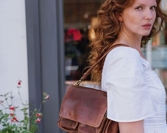 Brown Leather Crossbody Shoulder Bag with Pockets,  Organiser Handbag with Adjustable Strap, Gifts for Her