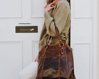 Large Brown Leather Tote Handbag, Shoulder Bag with Strap