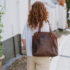 Large Brown Leather Work Tote Bag for Women, Laptop-Friendly Shoulder Bag, Professional Leather Purse, Stylish Office Bag image 1
