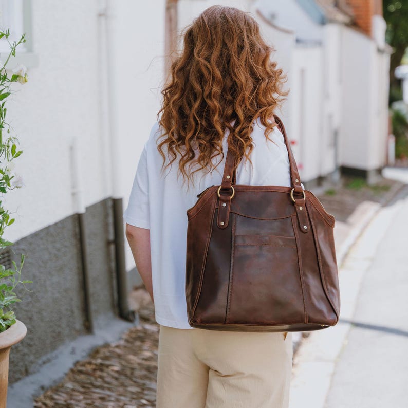 Large Brown Leather Work Tote Bag for Women, Laptop-Friendly Shoulder Bag, Professional Leather Purse, Stylish Office Bag image 1