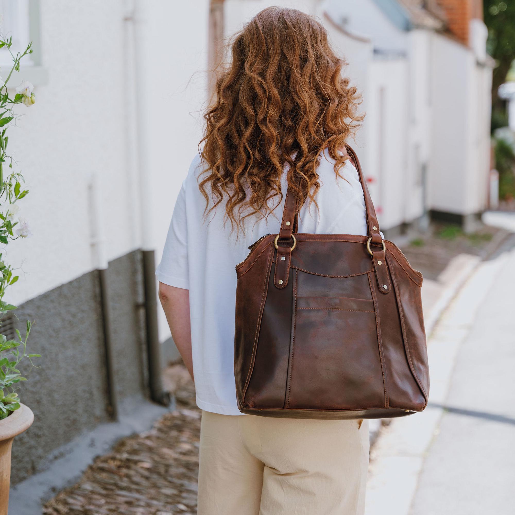 Large Brown Leather Work Tote Bag for Women, Laptop-friendly