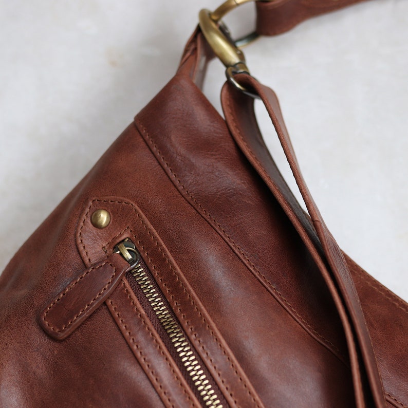 Brown Leather Shoulder Bag, Leather Crossbody Dumpling Bag, Leather Crescent Half Moon Purse Bag image 5