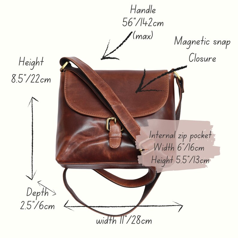 May include: A brown leather crossbody bag with a magnetic snap closure. The bag has a handle up to 56 inches long and measures 8.5 inches in height, 11 inches in width, and 2.5 inches in depth. It features an internal zip pocket.