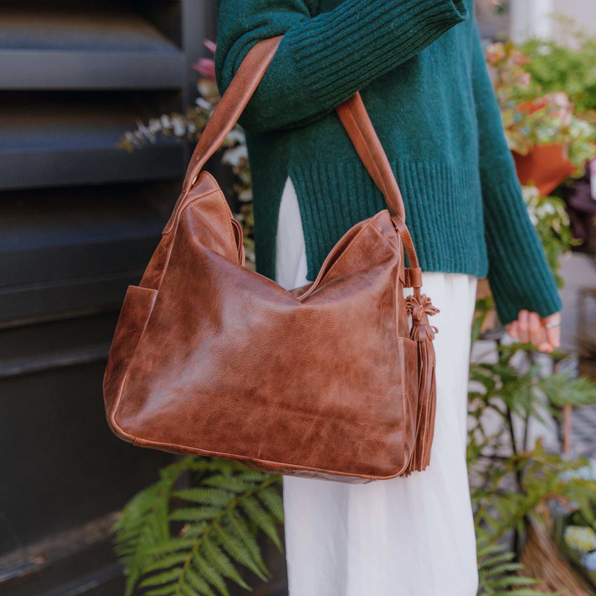Leather Hobo Bag, Handbag with Tassles, Leather Tote, Brown Leather Purse