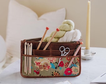 Floral Knitting & Crochet Organizer Pouch, Genuine Leather Trim