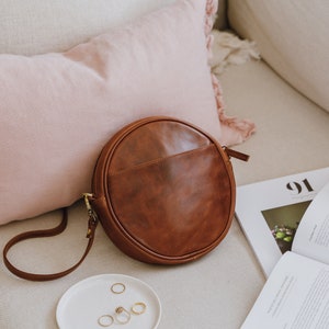 Leather Round Circle Shoulder Bag, Tan