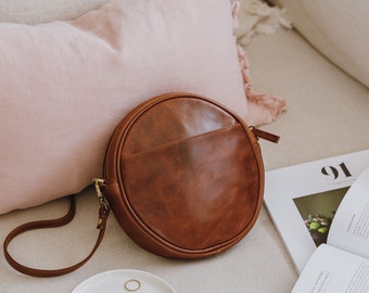 Leather Round Circle Shoulder Bag, Tan