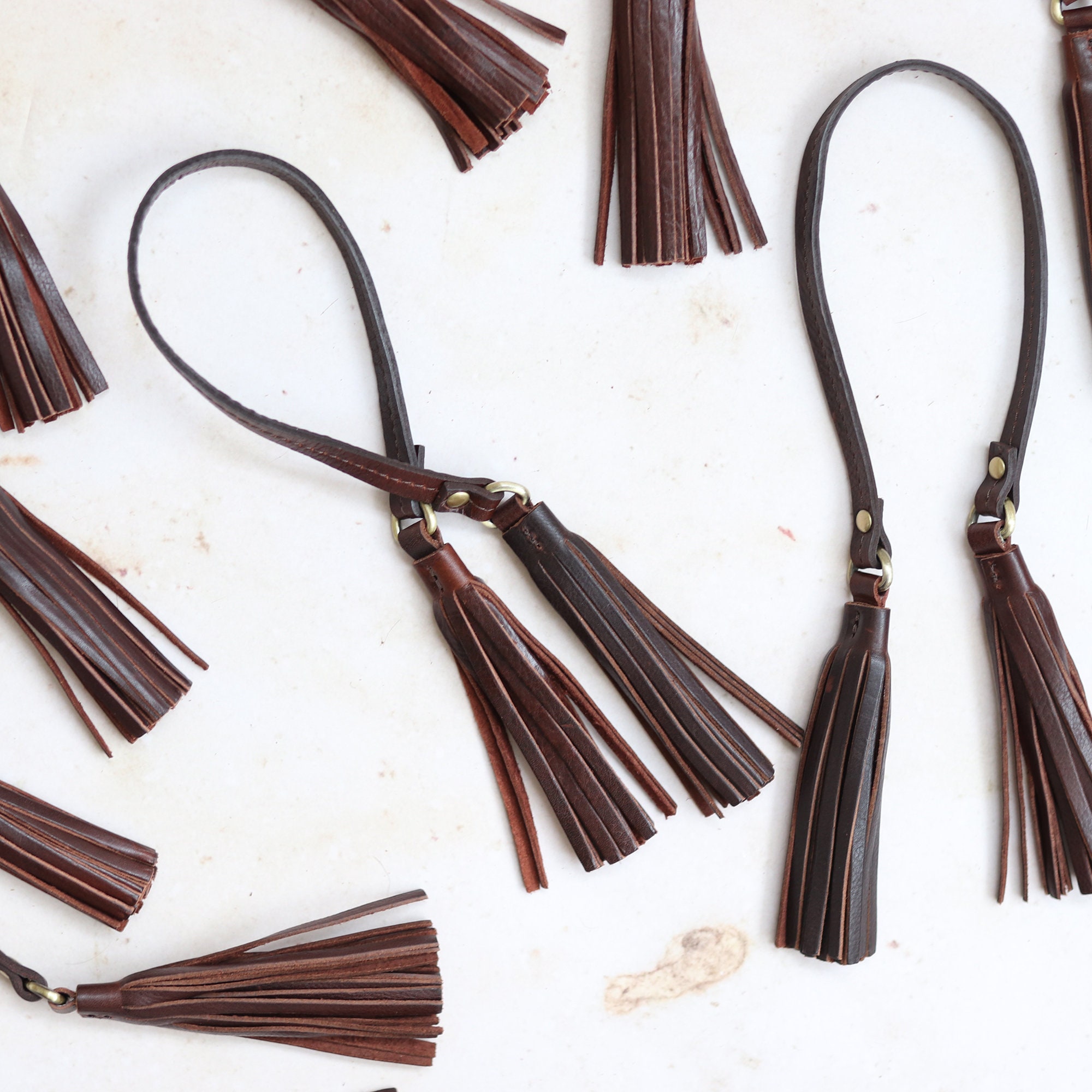 Twin Leather Tassels Handbag and Purse Charm in Brown / -  Israel