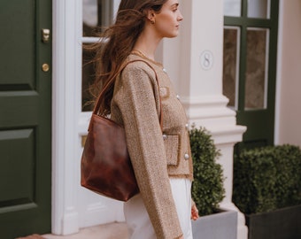 Leather Hobo Bag, Brown Leather Minimalist Purse,  Medium Sized Shoulder Bag, Gift Leather Handbag for her