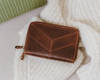 Womens Leather Wallet, Large Zip Around Wallet With Credit Card