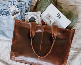 Oversized Brown Leather Laptop Tote Bag, Handmade Work Bag for Women with Crossbody Strap