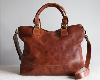 Large Leather Tote Bag,  Tan Leather handbag With Crossbody Strap