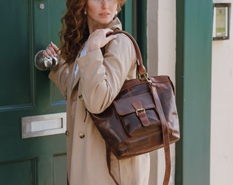 Leather Tote Bag with Pocket, Brown Leather Handbag Purse, Leather Shoulder Bag with Crossbody Strap