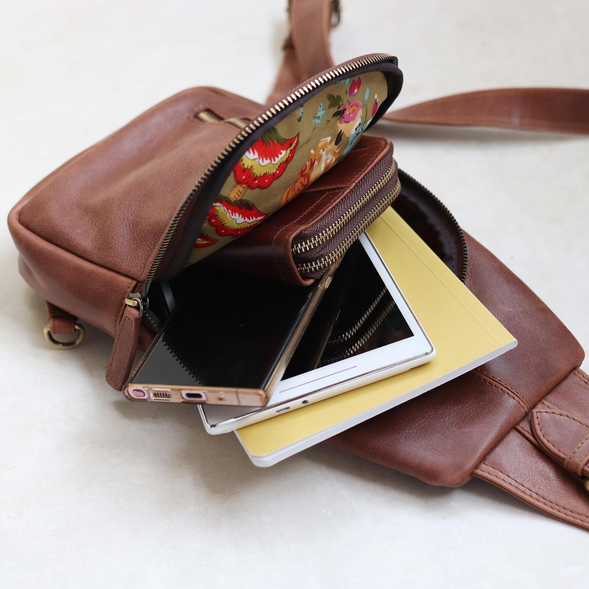 Genuine Leather Sling Bag, Handmade Brown Leather Crossbody  display picture 2