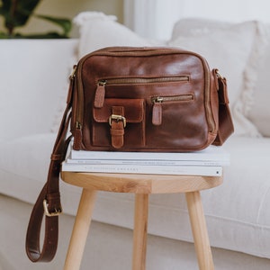 Leather Crossbody Pocket Bag,  Ladies Messenger Bag, Leather Purse Shoulder Bag, Distressed Brown