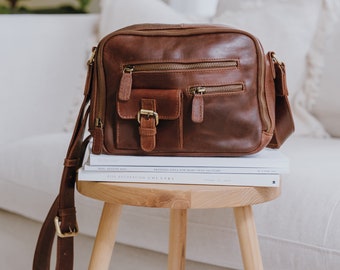 Leather Crossbody Pocket Bag,  Ladies Messenger Bag, Leather Purse Shoulder Bag, Distressed Brown