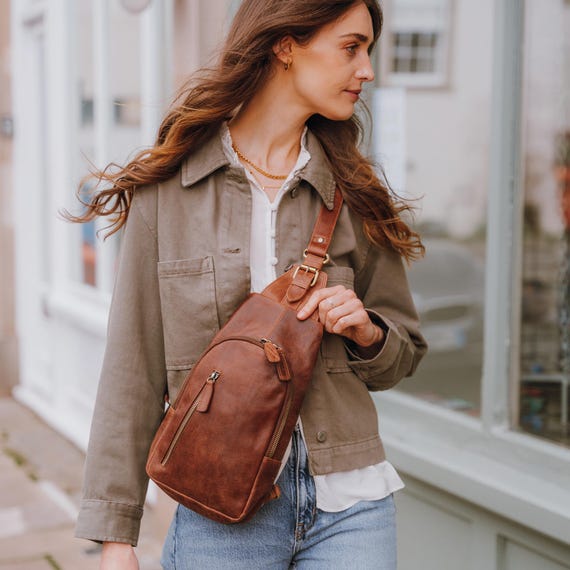 brown leather sling backpack Taylor – Everyday Concealed Carry Bag Dark Cocoa gift wrap with ribbon. Men’s Sling Backpack — Full-Grain
