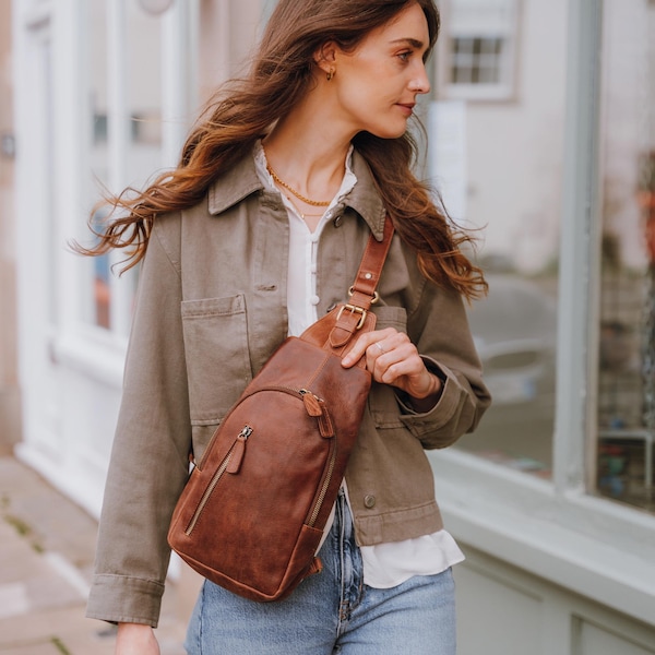 Genuine Leather Sling Bag, Handmade Brown Leather Crossbody Casual Daypack, Sling Backpack, Leather Fanny Pack