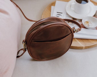 Leather Crossbody Shoulder Bag, Round Leather Handbag, Circle Leather Purse, Festival Bag