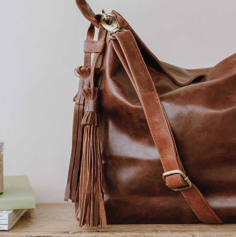 Leather Hobo Bag, Handbag with Tassles, Leather Tote, Brown Leather Purse image 2