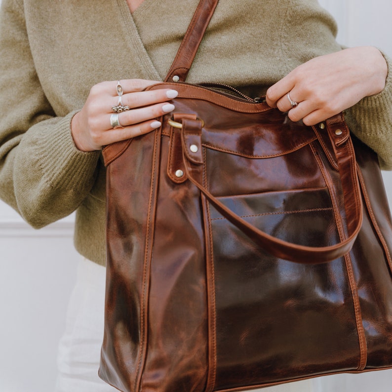 Brown Leather Tote Bag, Leather Shoulder Bag, Leather Work Bag, Leather Purse image 3