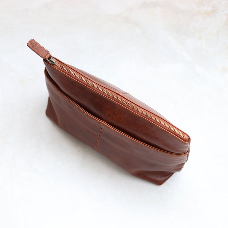 Leather Wash Bag, Leather Toiletry Bag, Womens Leather Cosmetic Bag, Tan Leather Pouch image 5