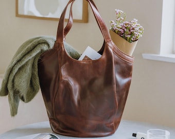 Brown Leather Tote Bag for Women, Everyday Shopper Bag, Large Leather Shoulder Bag with Crossbody Strap