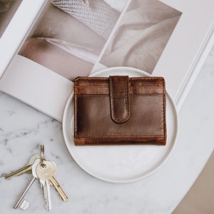 Porte-cartes en cuir pour femme, Porte-cartes de crédit en cuir, Porte-monnaie en cuir pour femme, Marron effet vieilli